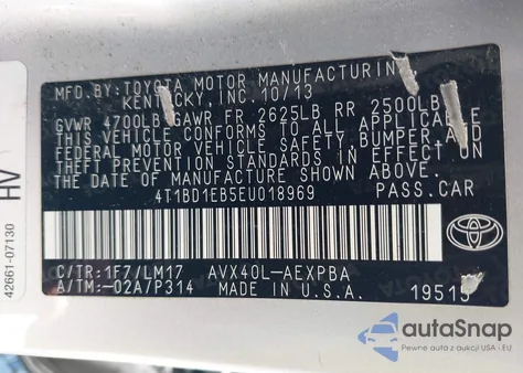 2014 Toyota Avalon Hybrid/Prem/Tour/Ltd z USA, uszkodzony, nr VIN 4T1BD1EB5EU018969